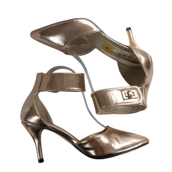 NICOLE MILLER! GOLD METALLIC VEGAN LEATHER WRAPPED ANKLE POINTY HEELS! SZ 8M - Picture 7 of 11